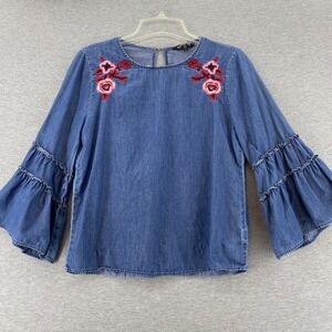 Express‎ Embroidered Denim Bell Sleeve Boho Blue Floral Ruffle Flare Long Sleeve
